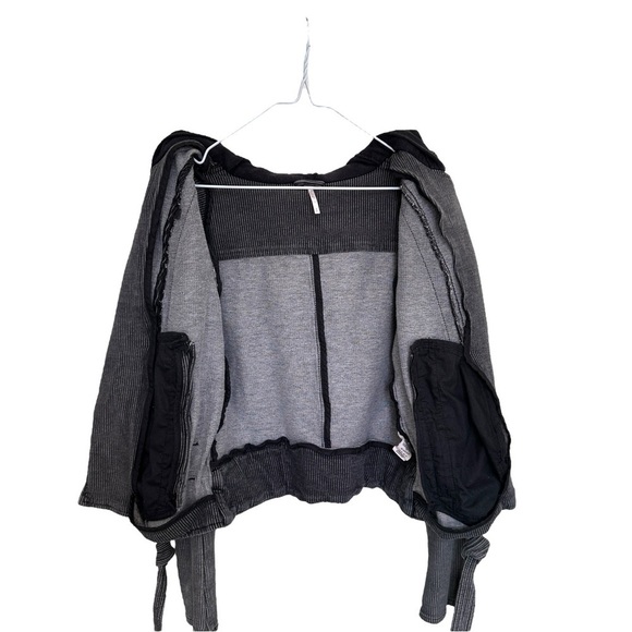 Free People Pinstripe Hooded Knit Moto Jacket in Charcoal Stripes Y2K Size Small - Picture 6 of 13